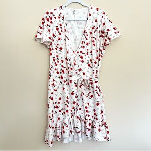 Naggoo White Mini Wrap Dress with Red Floral Print and Tie Waist